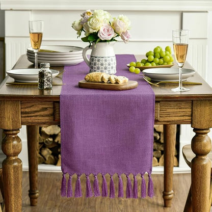 Artoid Mode Lilac Purple Tassel Table Runner, Mardi Gras Linen Blend Rustic - Image 3