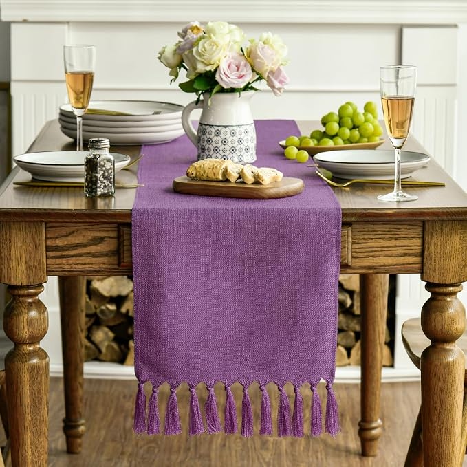 Artoid Mode Lilac Purple Tassel Table Runner, Mardi Gras Linen Blend Rustic - Image 3