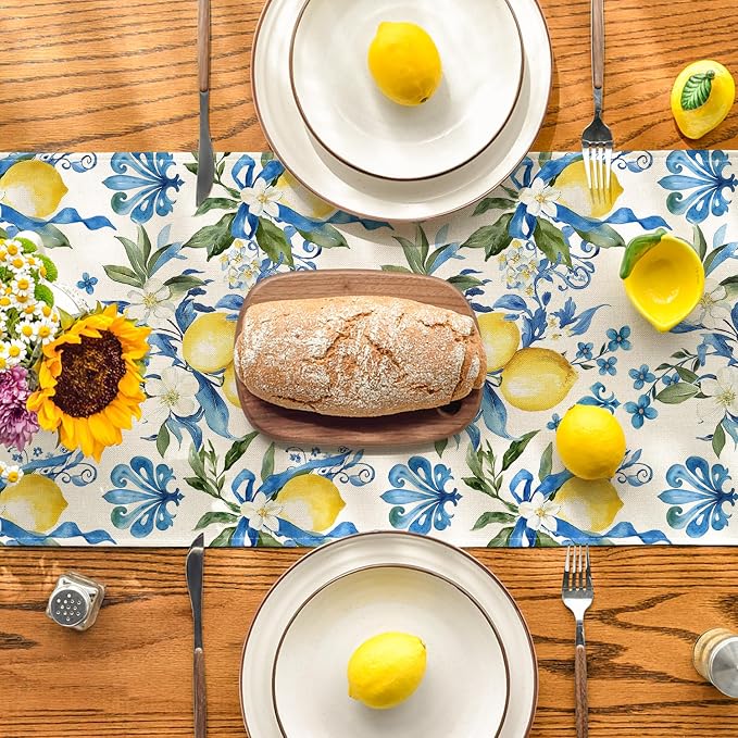 Artoid Mode Blue Lemon Iris Summer Table Runner, Seasonal Spring Kitchen Dining - Image 3