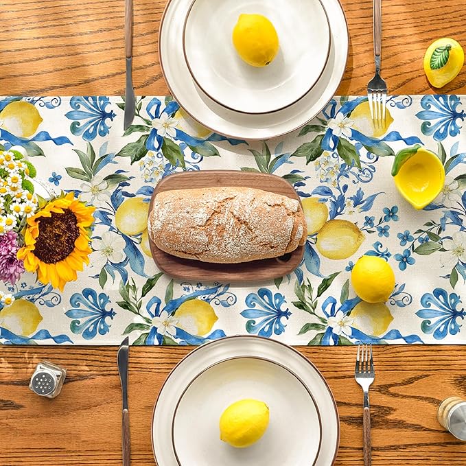 Artoid Mode Blue Lemon Iris Summer Table Runner, Seasonal Spring Kitchen Dining - Image 3