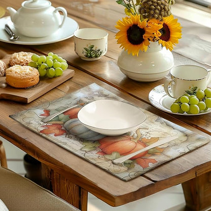 Fall Pumpkin Maple Leaf Placemats Set of 4, 12x18 Inch Vintage Autumn Harvest Rustic Leaves Table Mats Seasonal Fall Thanksgiving Washable Linen Fabric Place Mats for Party Kitchen Dining Decor