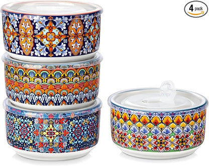 vancasso 36 oz Ceramic Bowls with Lids Set of 4, 6 Inch Food Storage Containers & Prep Bowls for Leftovers, Soup, Cereal, Meal Prep, Office Lunch, Microwave & Dishwasher Safe, Series SIMI