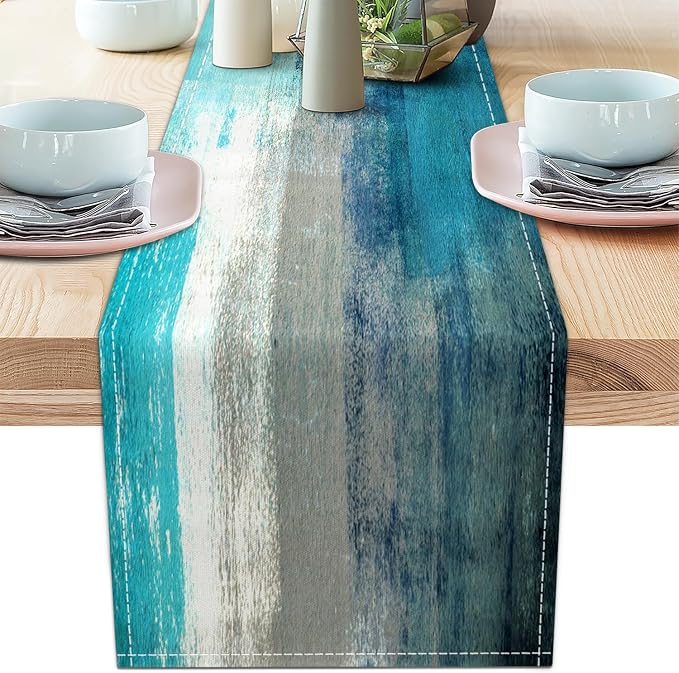 Teal Grey Table Runners Modern Art Farmhouse Linen Table Runners Dresser by AILUER