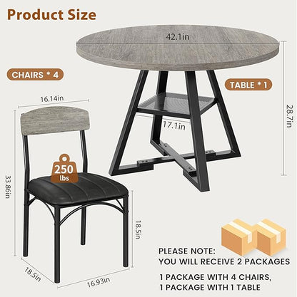 Round Dining Table Set for 4, Kitchen Table and Chairs for 4, Circle Table Round Pedestal Dining Room Dinner Dinette Table Set,5 Piece Space Saving Wood Kitchen & Dining Room Tables (Grey, 42In)
