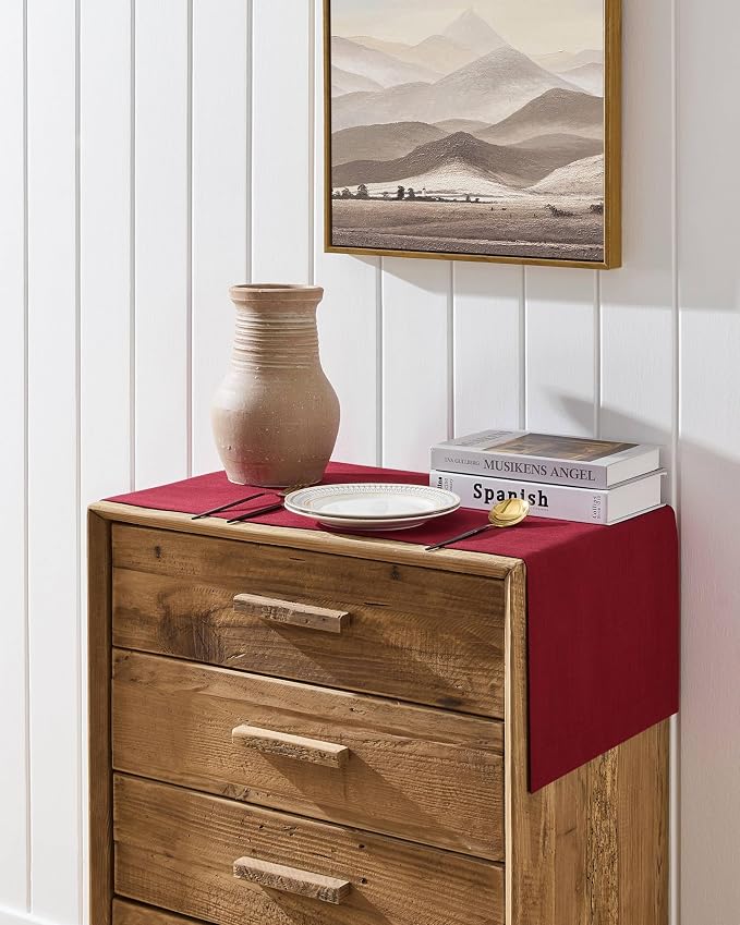 Linen Textured Border Table Runner, 14 x 48 Inch Red | Mitered Corner Design - Image 2