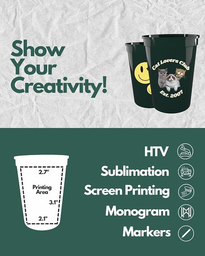 PartyPrints 100 Pack Small 10 to 12 oz Dark Green Reusable Blank Plastic Cups - Image 4