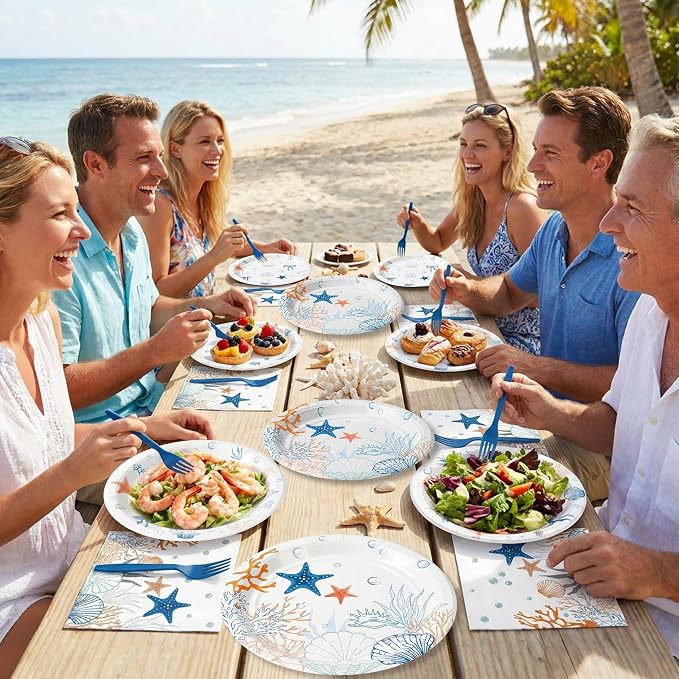96Pcs Ocean Seashell Starfish Coral Beach Party Plates Supplies | Blue Coastal - Image 6