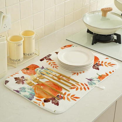 Fall Pumpkin Dish Drying Mat for Kitchen Counter 18x24 Inch Blue Orange Pumpkin - Image 2