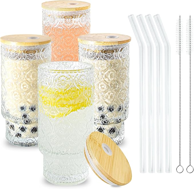 Glass Cups with Lids and Straws 16 oz Begonia Drinking Glasses Set | Vintage by ICESIP
