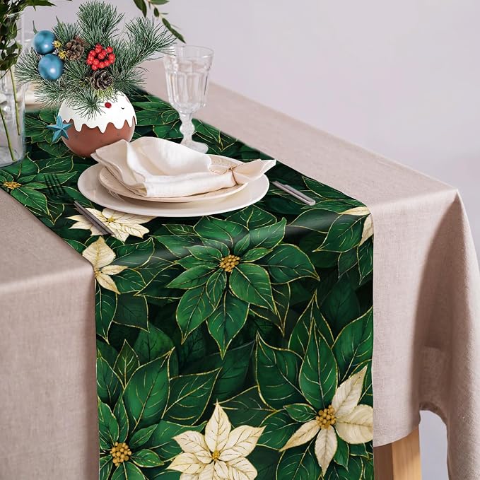 Green Poinsettia Table Runner Winter Floral Burlap Table Runners, Spring St - Image 3
