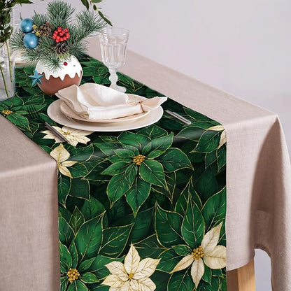 Green Poinsettia Table Runner Winter Floral Burlap Table Runners, Spring St - Image 3