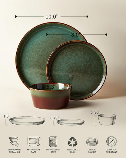 Plates and Bowls Sets for 8, Ceramic Dinnerware Sets, Kitchen Dish Set, Microwave & Dishwasher Safe Dishware, Highly Durable Handcrafted Dinner Set, Brown Green