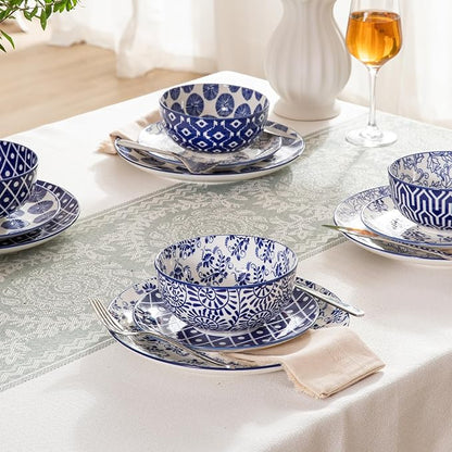 Sweejar 18 Pieces Ceramic Dinnerware Sets, Handmade Plates and Bowls Sets, Highly Scratch Resistant Dishes Set for Kitchen,Porcelain Dishwasher & Microwave Safe Dishes Set,Service for 6 (Vintage Blue)