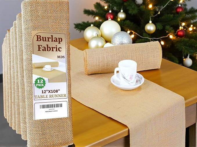 MDS® Pack of 12 Natural Burlap Table Runner, 12 x 108 Inch, Jute Vintage Rustic by MDS