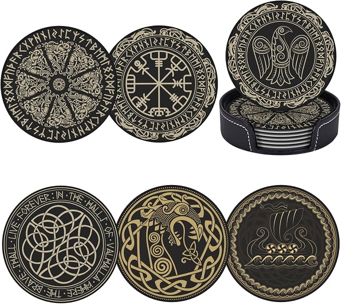 Black Viking Magical Runic Runes Leather Drinks Coasters by Unknown