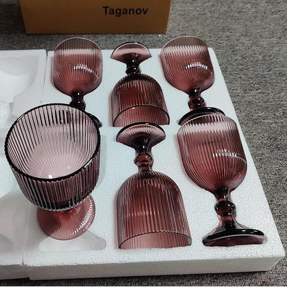 Purple Glasses Drinking Water Goblets set of 6 Colored Wine Glasses 13oz Pink Vintage Glassware for Wedding Party Bar Vertical Line Embossed Pattern Stemmed Cups 400ml
