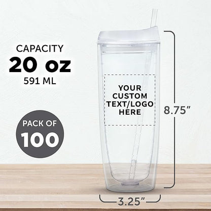 Custom Tall Orbit Acrylic Tumblers 20 oz. Set of 100, Personalized Bulk Pack - Perfect for Iced Coffee, Soda, Other Hot & Cold Beverages - Clear