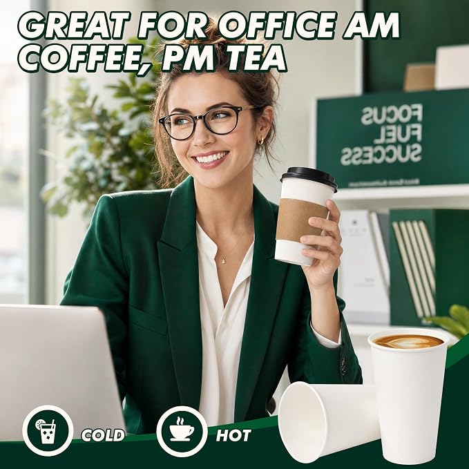 16 oz Coffee Cups with Lids and Sleeves 100 Pack, Thickened Paper Cups - Image 6