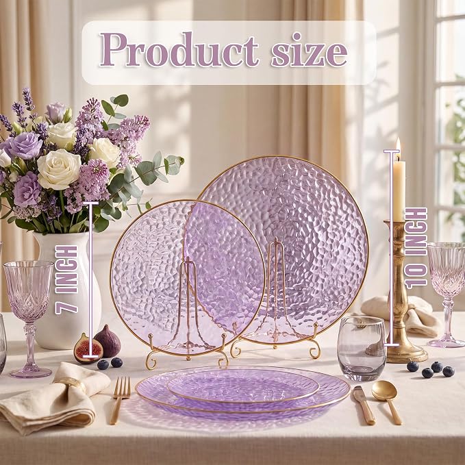 Rubtlamp 60Pcs Clear Purple Gold Plastic Plates, Hammered Plastic Plates - Image 2