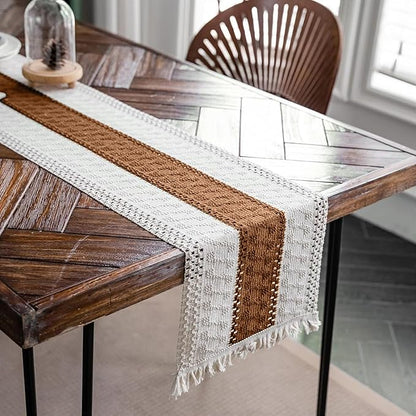 Macrame Table Runner Cream Beige and Caramel Boho Table Runners - Image 3