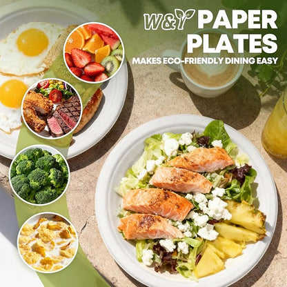 W&Y 100 Pack 9 Inch Paper Plates, Heavy-Duty Dinner Plates, Cut Resistant & 100% Compostable Disposable Paper Plate,Leak Proof & Microwave Safe for Parties, Weddings, Catering Events