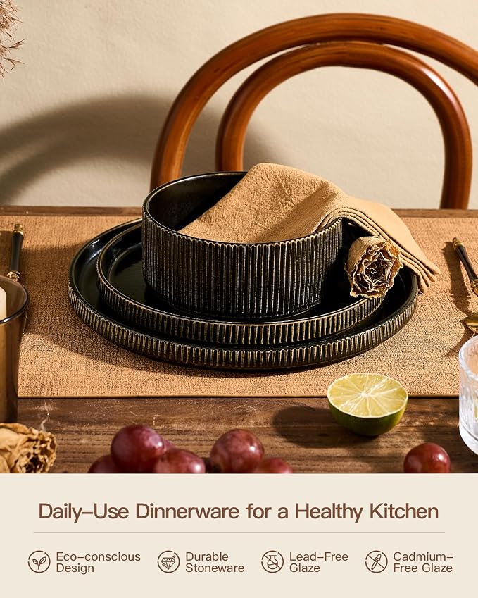 Stoneware Dinnerware Set for 4, Reactive Glaze, Handmade Ribbed Dishes - Image 5