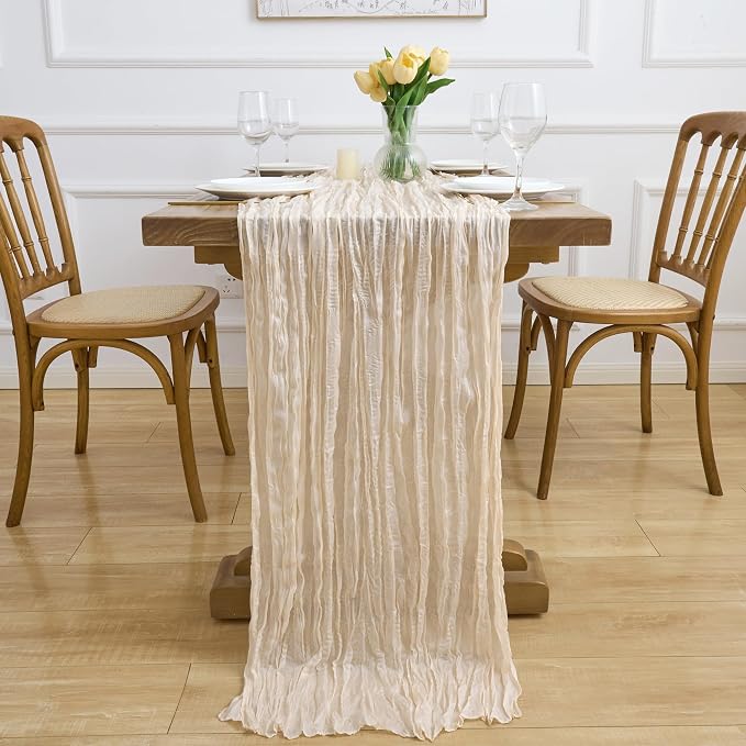 Asee'm 2pcs Beige Cheesecloth Table Runner Summer 10FT Boho Gauze Rustic | Boho - Image 6