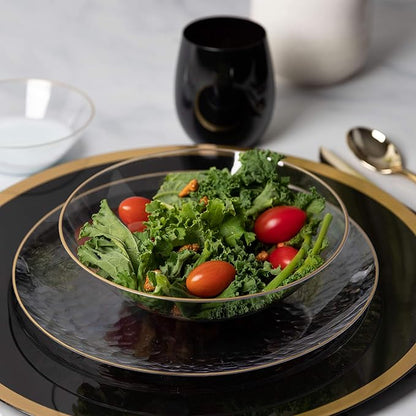 [16 OZ 40 Count] Clear Plastic Organic Design Party Soup bowls With Gold Rim Premium heavyweight Elegant Disposable Tableware Dishes
