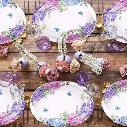 50 Pcs Hydrangea Flowers Oval Paper Plates Large 10"x12" Blue Purple Pink Hydrangea Floral Plates Disposable Heavy Duty Flower Plate for Spring Wedding Bridal Baby Shower Decoration Tea Party Supplies