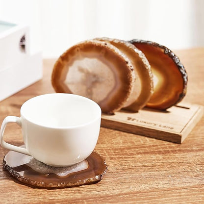 Luxury Lane Set of 4 Large Natural Brazilian Agate Slice Geode Rock Stone Drink Coasters with Wood Holder 4.3-4.7 inch Centerpiece Table Decoration, Oak Brown