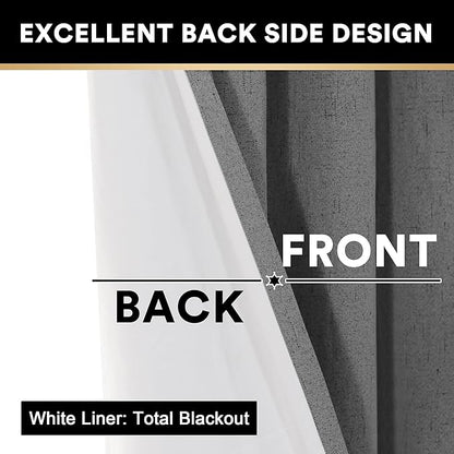 PrinceDeco 100% Blackout Curtains for Bedroom 63 Inches Long 2 Panels Set Anti-Rust Grommet Room Darkening Curtains & Drapes Linen Textured Window Treatment Drapes with White Liner, Grey
