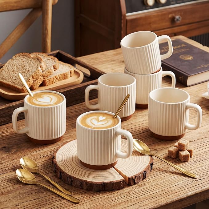 6 Set Ceramic Coffee Mugs with Gold Spoons, 8.8 oz Textured Ribbed Coffee Cups - Image 4