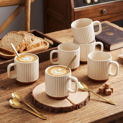 6 Set Ceramic Coffee Mugs with Gold Spoons, 8.8 oz Textured Ribbed Coffee Cups - Image 4