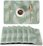 QIYI Placemats Set of 6, 12x18 Inch Faux Leather Place Mats for Kitchen Dinning, Heat Resistant Anti Slip Green White Table Mats, Waterproof Wipeable Washable Placemat Party Table Décor, Fern Leaves