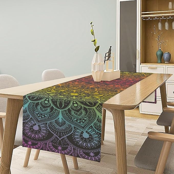 YCness Retro Ethnic Boho Table Runner, Mandala Hippie Art Mandala Rainbow - Image 3