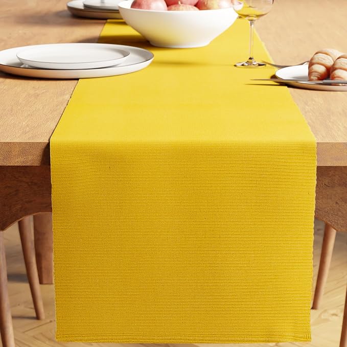 Encasa XO Table Runner, Yarn Dyed Ribbed Cotton 13"x59" | Yellow, 12-Ply Yarns by EncasaXO