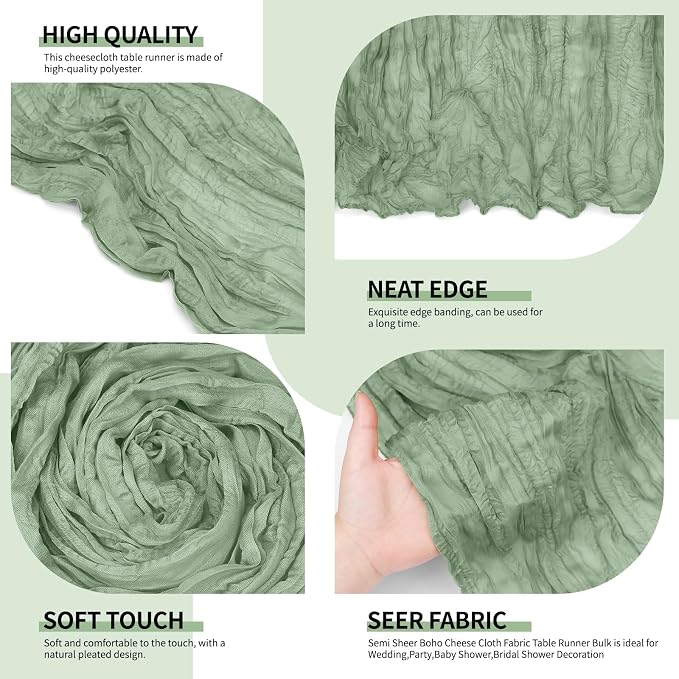 4 Pack Sage Green Cheesecloth Table Runner 10Ft, Gauze Table Runners 21.5 x 120 - Image 3