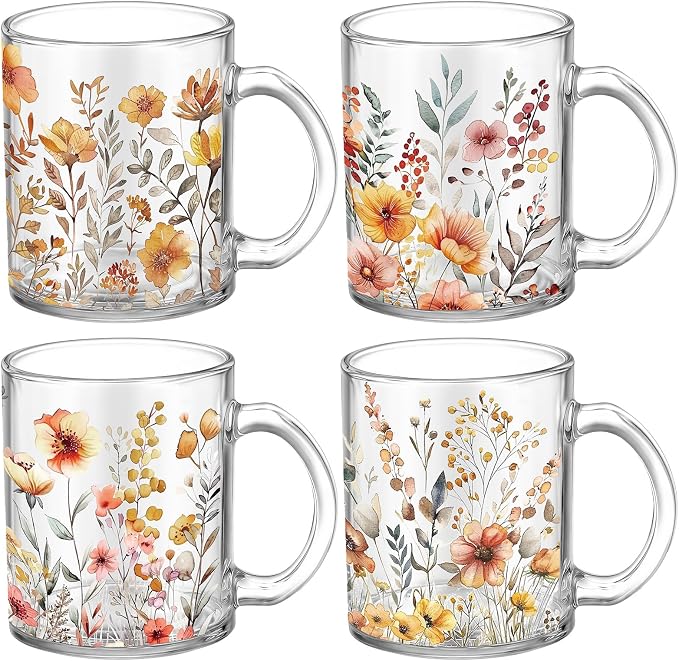 Tioncy 4 Pcs Fall Floral Coffee Mugs 12 oz Flower Glass Cups by Tioncy