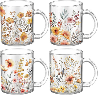 Tioncy 4 Pcs Fall Floral Coffee Mugs 12 oz Flower Glass Cups by Tioncy