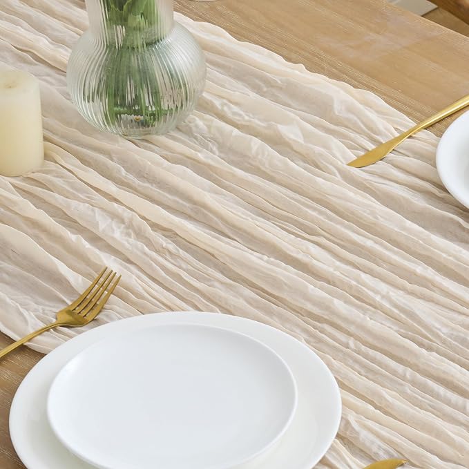 Asee'm 2pcs Beige Cheesecloth Table Runner Summer 10FT Boho Gauze Rustic | Boho - Image 3