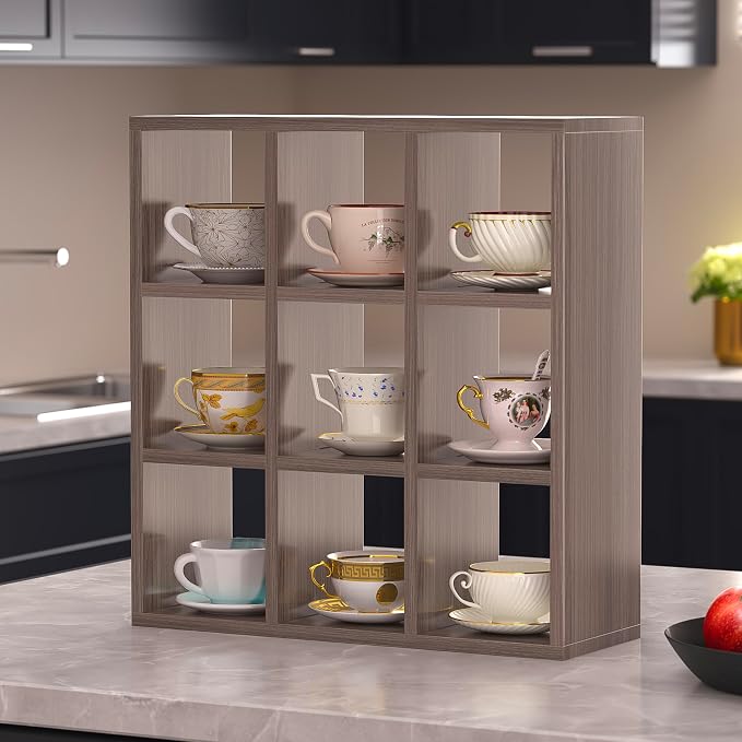 Helsin 9 Grid Vintage Coffee Mug Display Rack, 16inch Wall Mounted Wooden Curio - Image 5