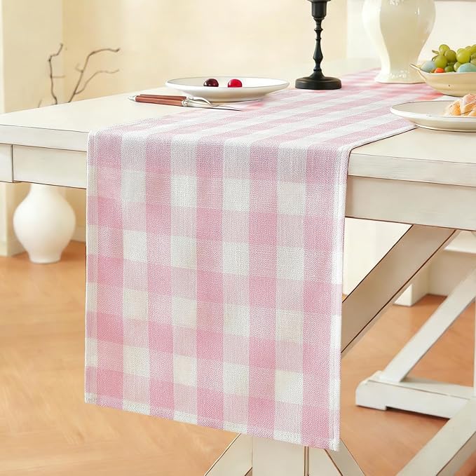 Laolitou Spring Pink Checkered Table Runner, Cotton Linen Gingham Table Runners by Laolitou