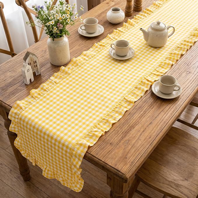Eternal Beauty 14x120 Gingham Ruffle Table Runner, 100% Washed Cotton Plaid - Image 4
