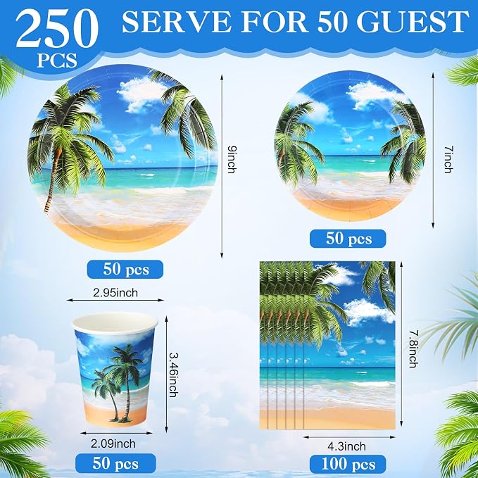 Funnymoom 250 Pcs Tropical Beach Party Decoration Summer Paper Plates Napkins - Image 2