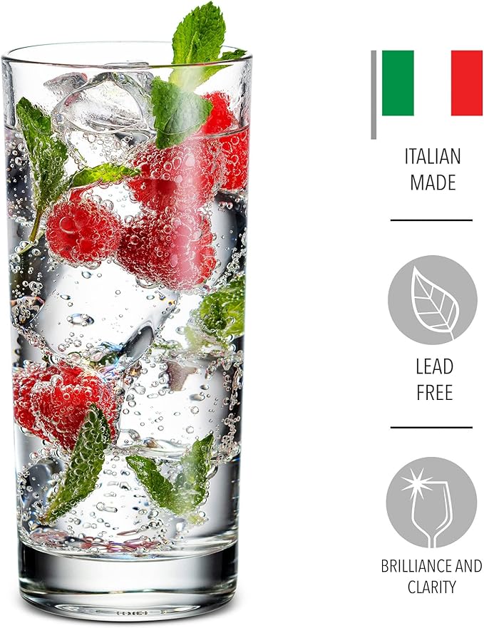 Godinger Highball Drinking Glasses, Italian Made Tall Glass Cups, Water Glasses Drinking Set, Cocktail Glasses - 14oz, Set of 4, Made In Italy