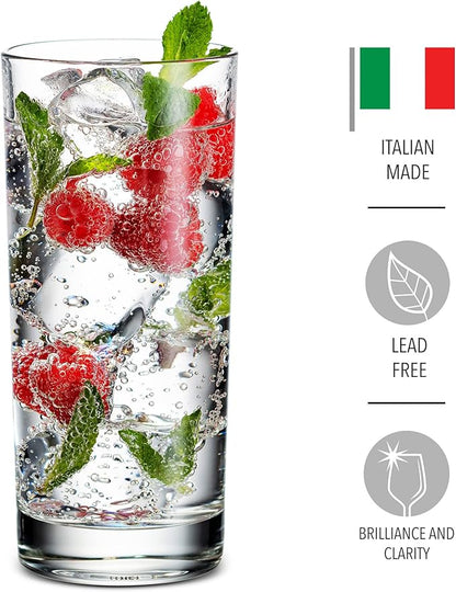 Godinger Highball Drinking Glasses, Italian Made Tall Glass Cups, Water Glasses Drinking Set, Cocktail Glasses - 14oz, Set of 4, Made In Italy