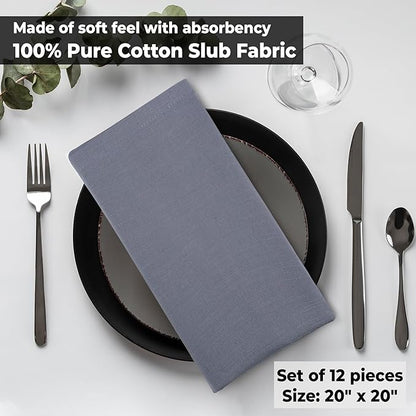 Urban Villa Dinner Napkins Solid Grey Color Cloth Napkins (Set of 12) Oversized 20x20 Inches 100% Cotton Slub Premium Quality Soft Durable with Mitered Corners Reusable Washable Everyday Use Napkins