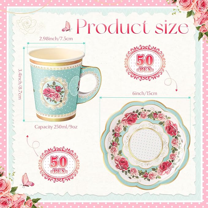Tioncy 100 Pcs Tea Party Decorations Include 50 Pieces 9 oz Paper Tea Cups - Image 2