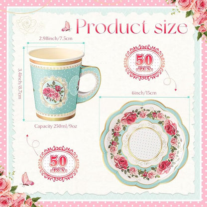 Tioncy 100 Pcs Tea Party Decorations Include 50 Pieces 9 oz Paper Tea Cups - Image 2