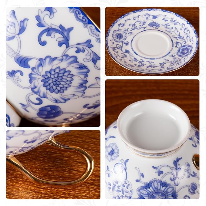 KAMMAK Tea Cups and Saucers Set of 2, Porcelain Coffee Cups, JBE023 | Stackable - Image 6